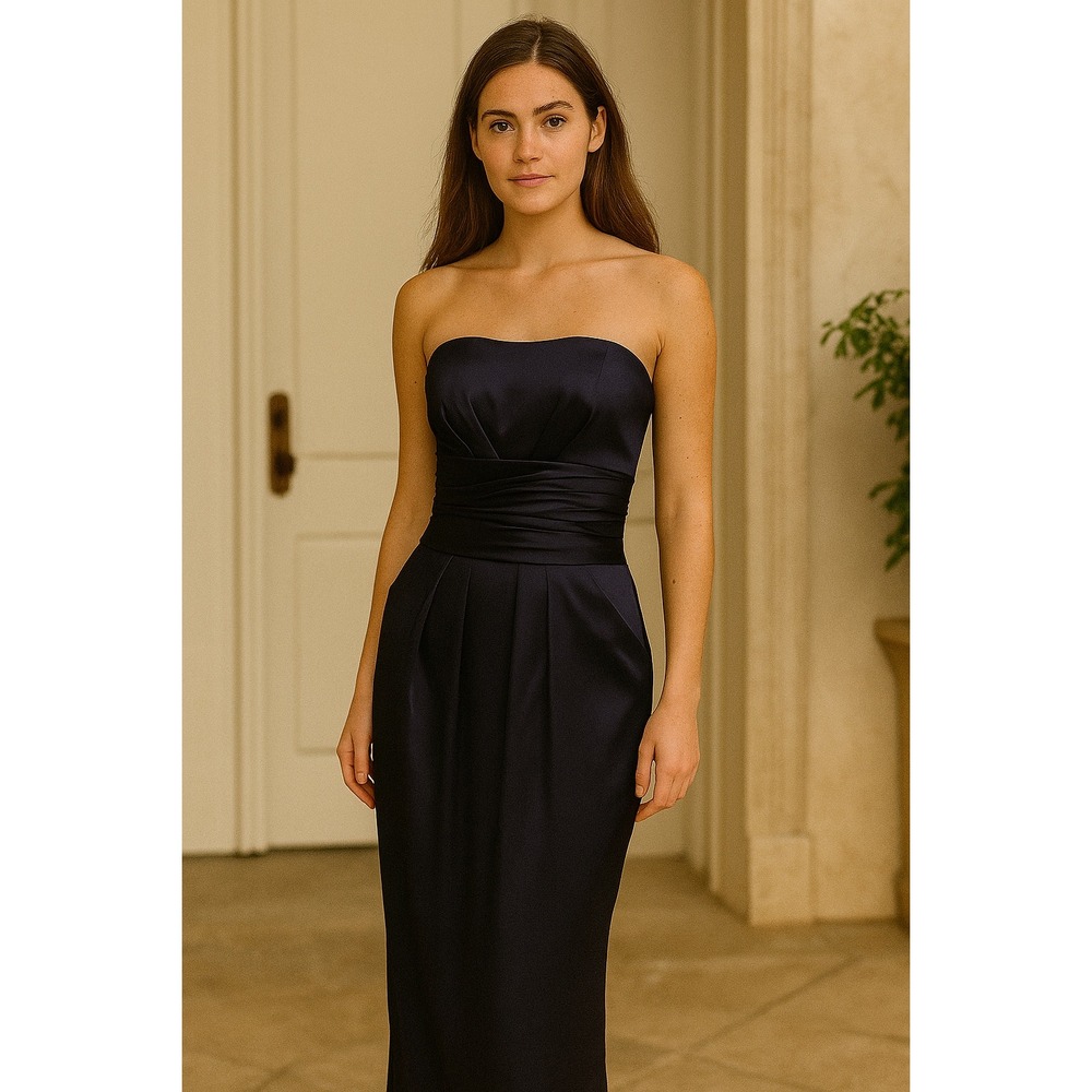 David's Bridal Strapless Satin Gown in Navy